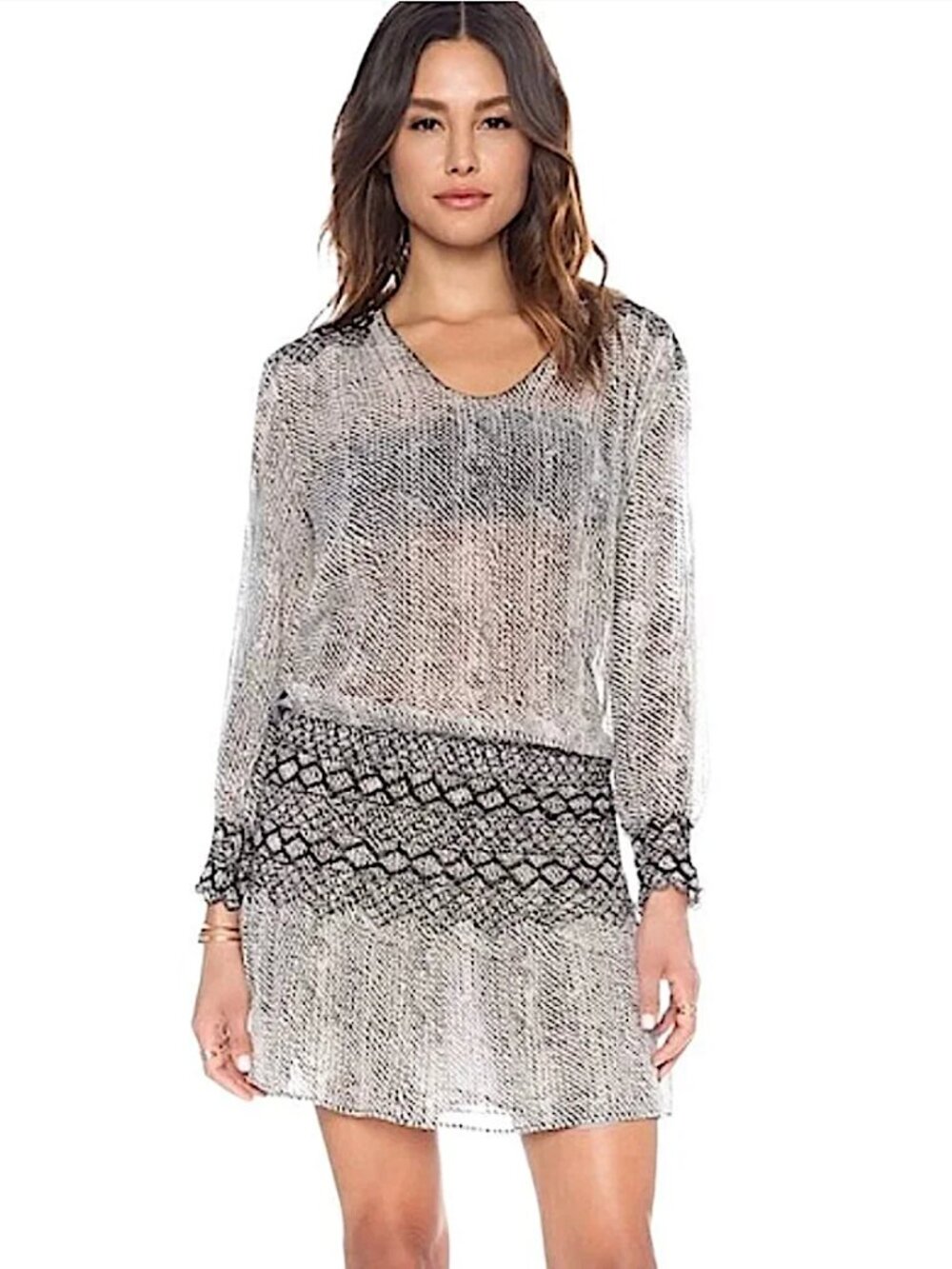 ULLA JOHNSON Anika Smocked Drop Waist Gray Silk Semi Sheer Mini Dress REVOLVE